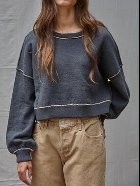 By Together Charcoal Sweater with Cream Contrast Trim